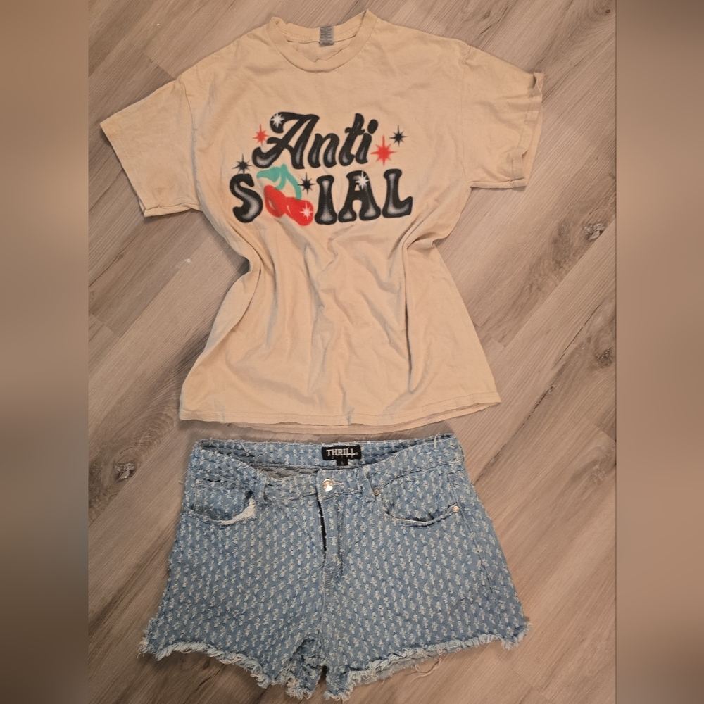Anti-social Beige Graphic Tee and Thrill Blue Denim Shorts